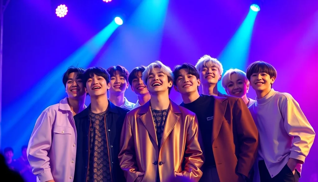 BTS members performing energetically on stage, celebrating their music together.