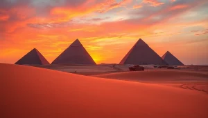 Discover the ancient pyramids, showcasing their grandeur against a vibrant sunset.