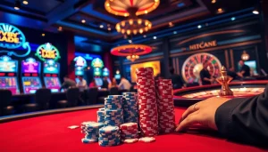 Players engaging in intense poker at new88bet casino, vibrant lights and luxury surround.