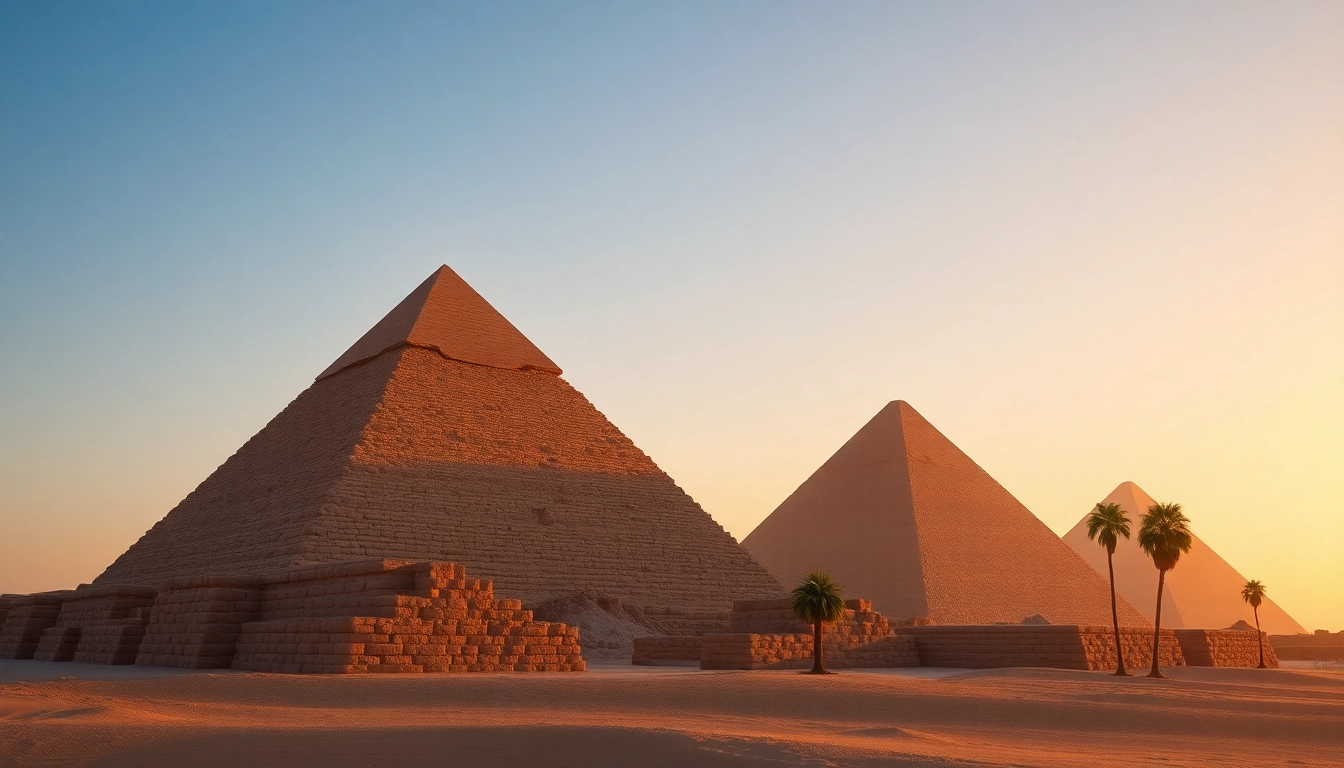 View the stunning Great Pyramids of Giza at sunrise from https://piraminds.com/ showcasing ancient Egyptian architecture.