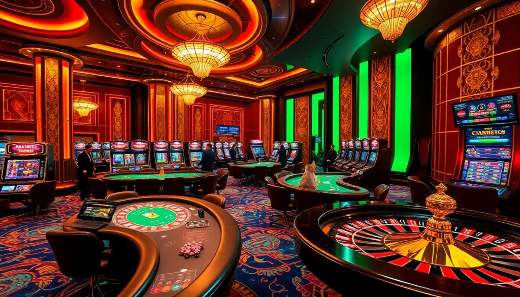 Players enjoying a vibrant casino atmosphere at 188BET, featuring poker tables and slot machines.