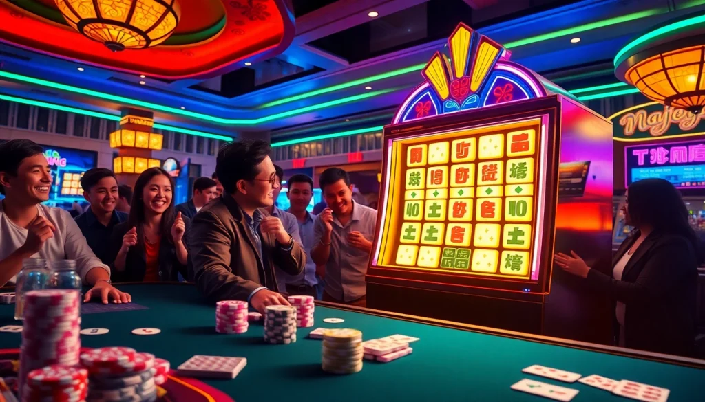 Enthusiastic players experiencing Mahjong Ways 2 slot at a lively casino, with vibrant colors and engaging gameplay.