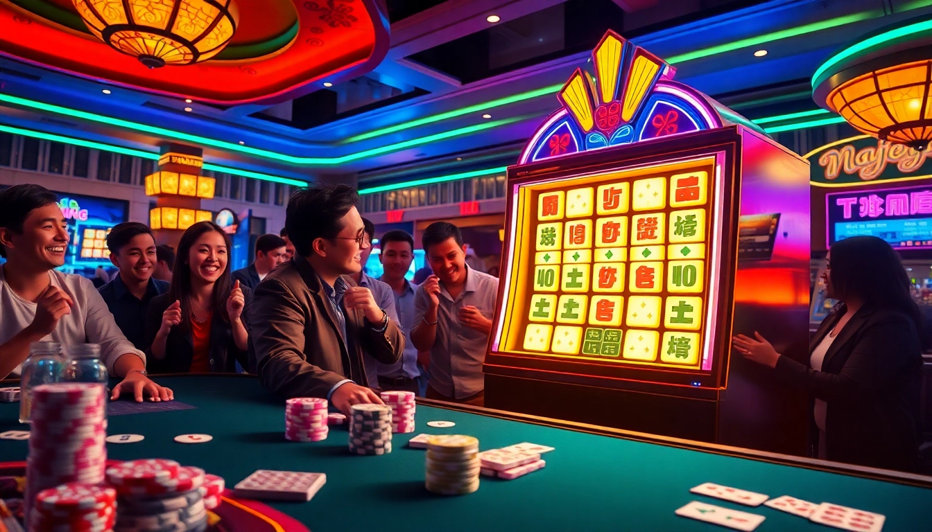 Enthusiastic players experiencing Mahjong Ways 2 slot at a lively casino, with vibrant colors and engaging gameplay.