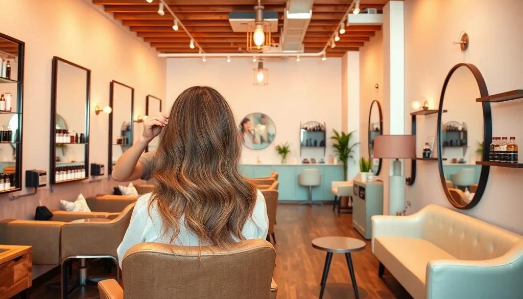 Hair salons San Diego: Elegant interior of Omnia Salon showcasing a hairstylist applying balayage highlights, inviting ambiance.