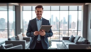 Real estate agent showcasing properties at www.tbplhomes.com in a modern office environment.