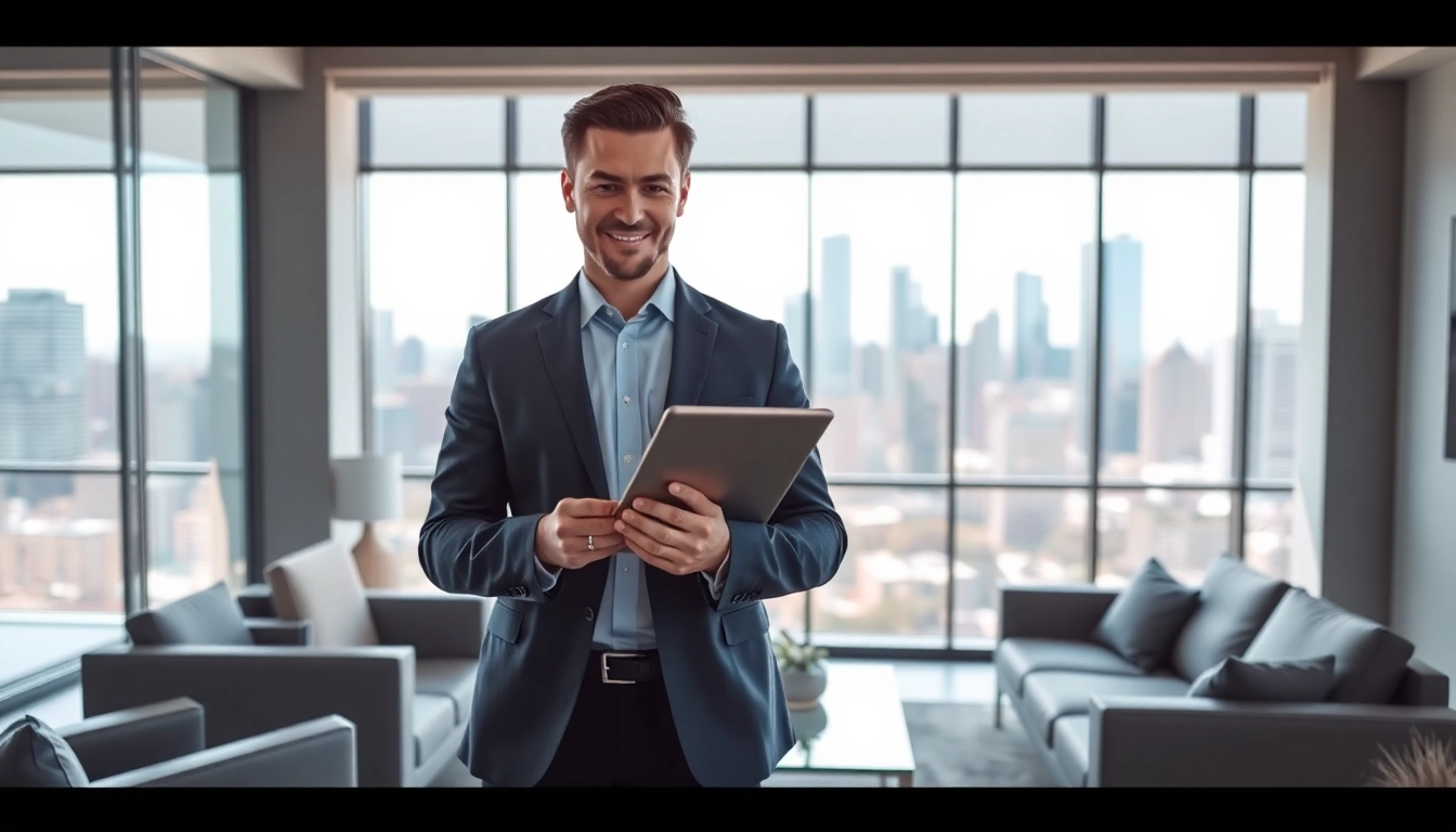 Real estate agent showcasing properties at www.tbplhomes.com in a modern office environment.