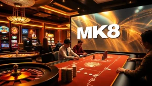 Experience thrilling gameplay at MK8 with vibrant casino scenes, poker chips, and roulette excitement.