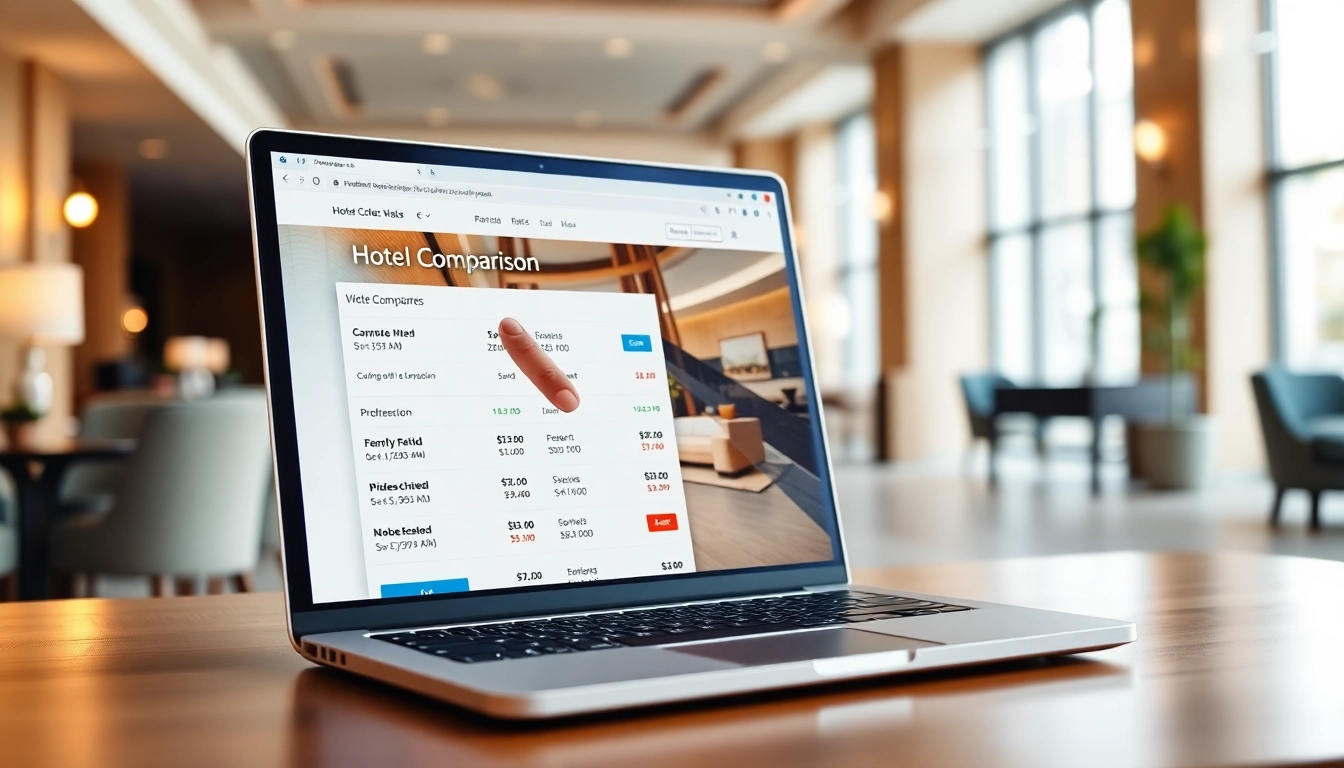 Compare Rates for Hotels using a laptop interface showcasing user-friendly options.