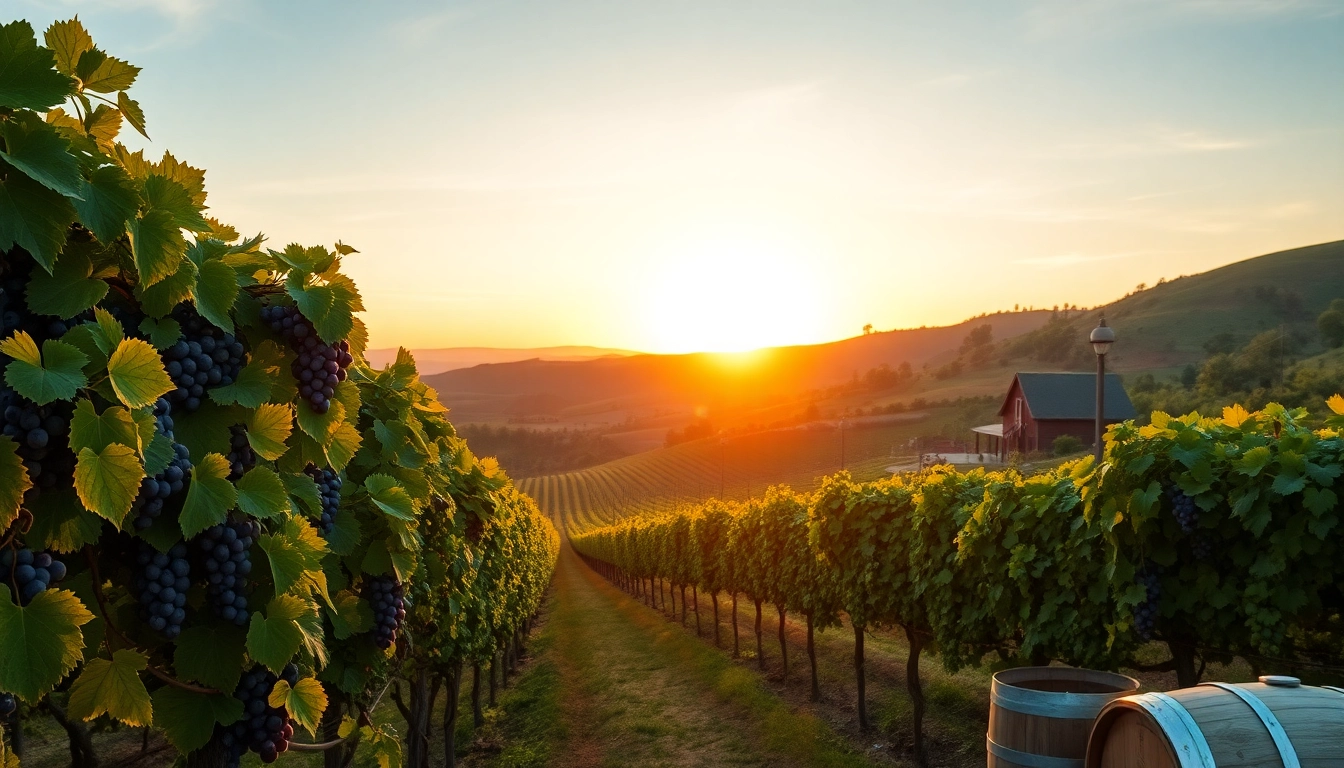 Experience the lush vineyards of Carksburg CA with vibrant grapes under a golden sunset.
