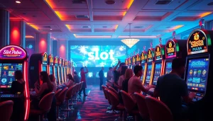 Para pemain merayakan kemenangan di mesin Slot Pulsa dalam suasana kasino mewah, menampilkan warna-warna cerah dan semangat.