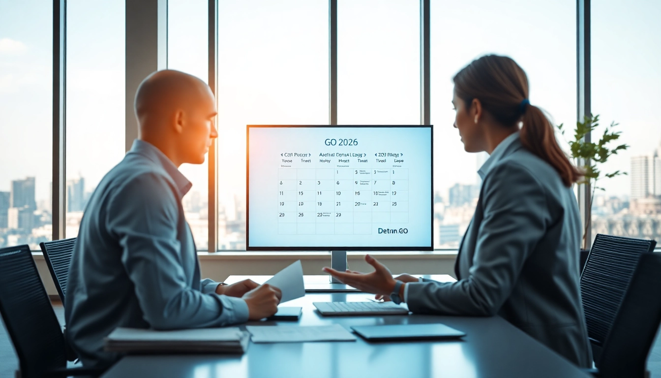 Professional interaction with Detran GO 2026 IPVA calendar in a modern office