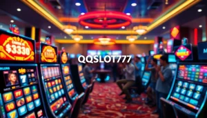 Game exciting QQSLOT777 dengan mesin slot berkilau dan pemain yang bersemangat