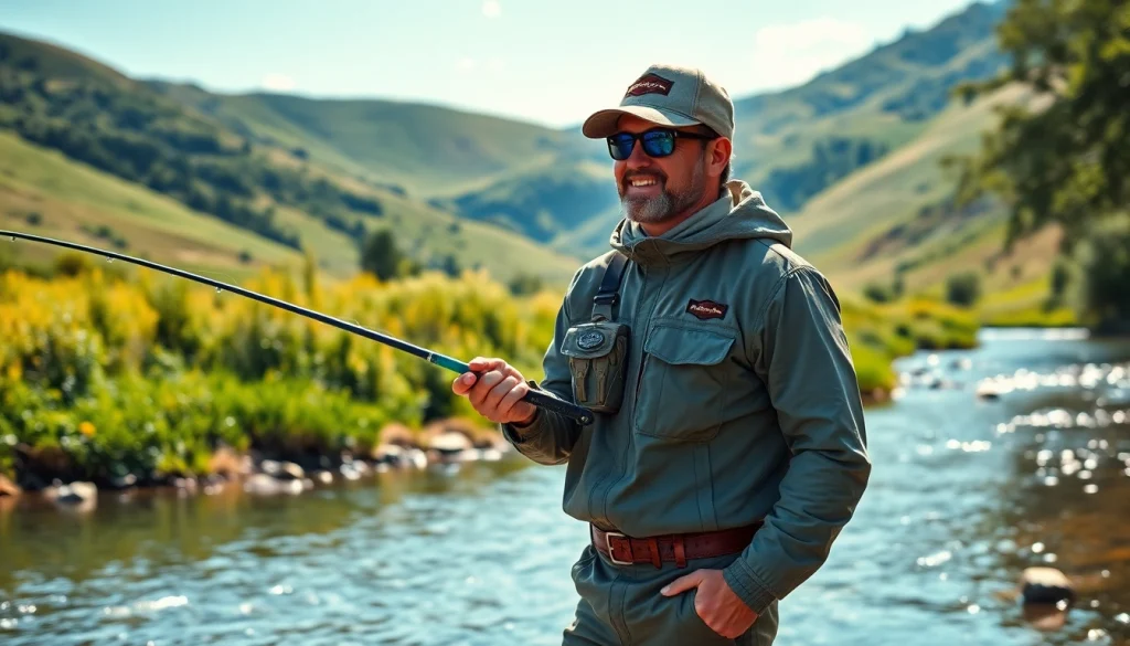 Angler showcasing Fly fishing apparel while casting a line by a serene riverbank.