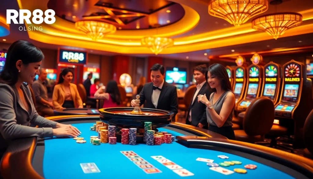Players enjoying RR88 casino games with vibrant chips and a dazzling roulette wheel.