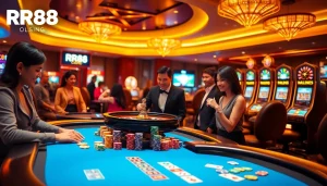 Players enjoying RR88 casino games with vibrant chips and a dazzling roulette wheel.