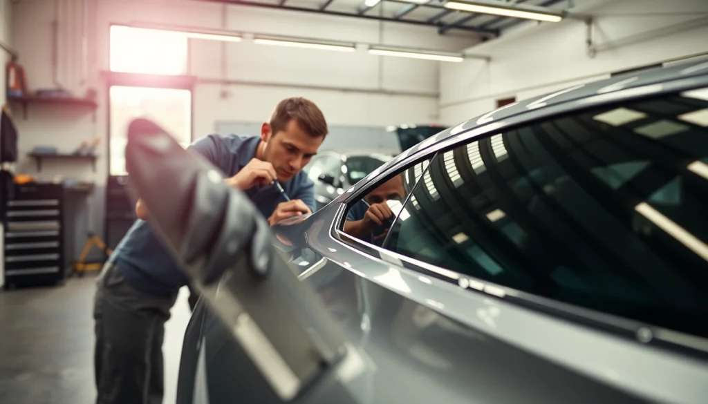 Tinting windows for vehicles with expert care in the auto shop, located for window tint near me.
