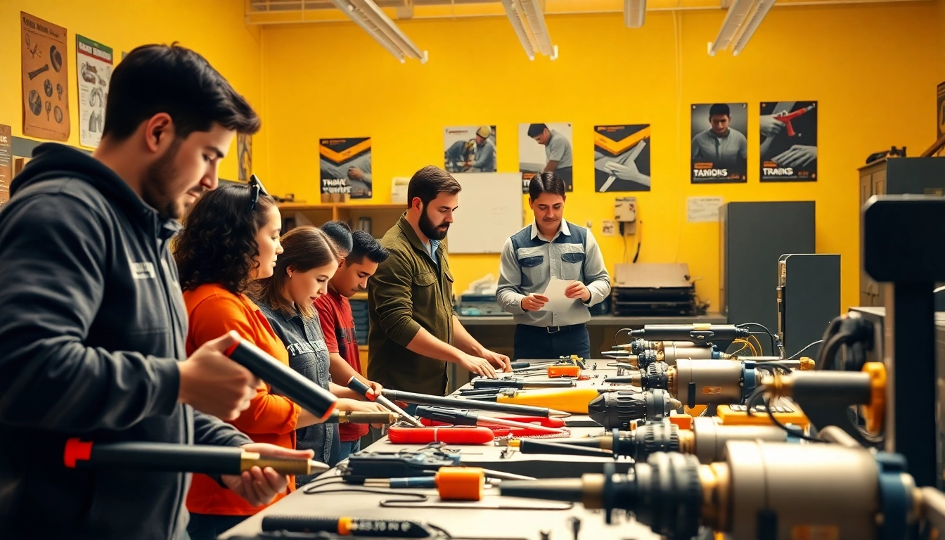 Engaged students learning about trade schools in Southern California with instructors in a vibrant setting.