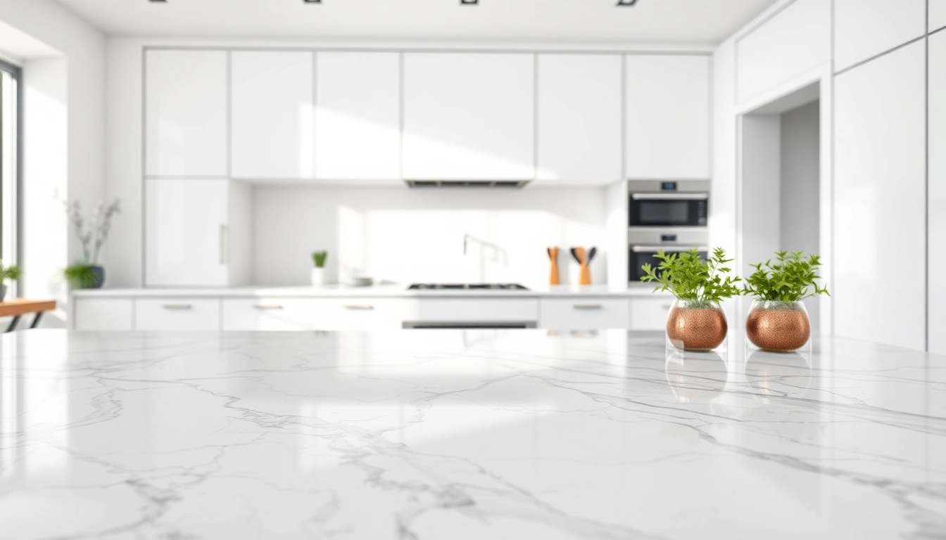 Stylish kitchen featuring Marble Worktops with intricate veining close-up in bright lighting.
