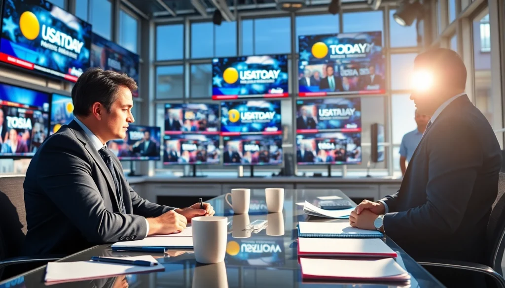 Journalist at work in the Usa Today newsroom amidst buzzing news headlines.