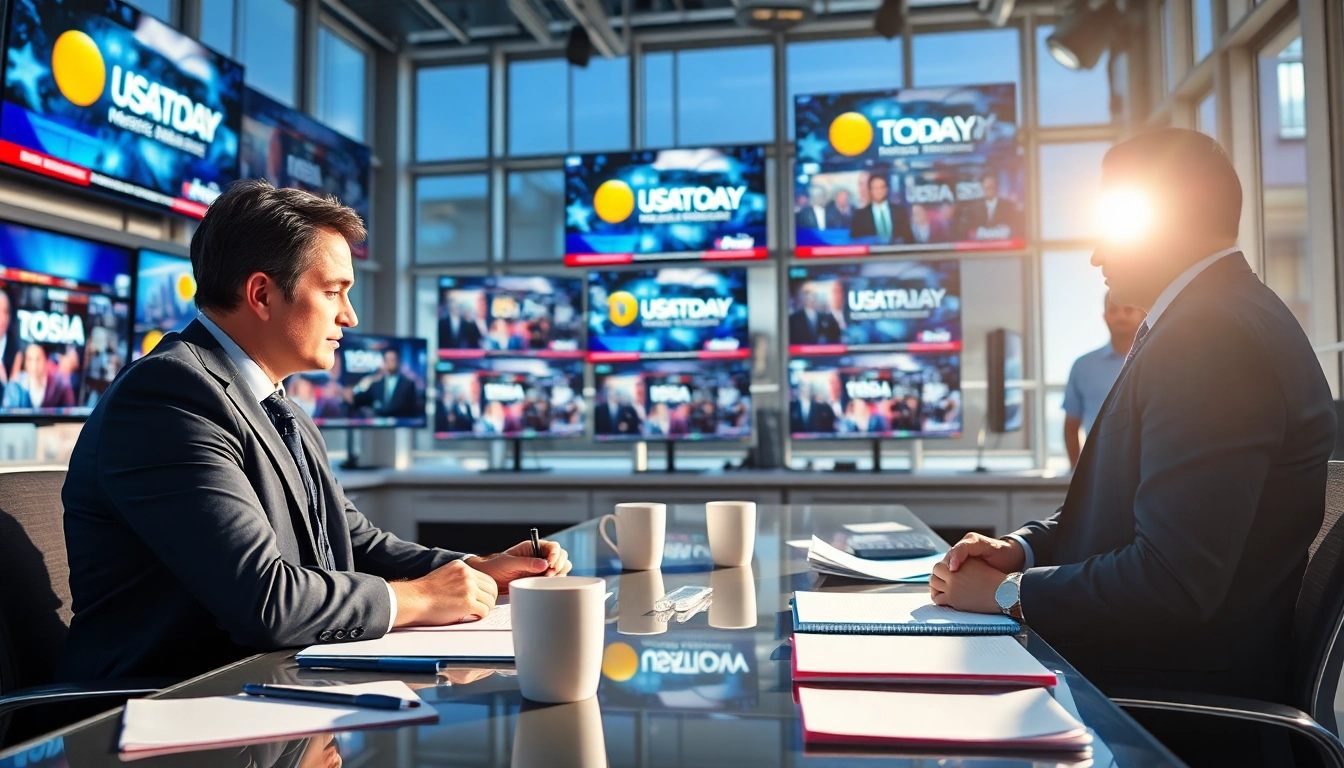 Journalist at work in the Usa Today newsroom amidst buzzing news headlines.