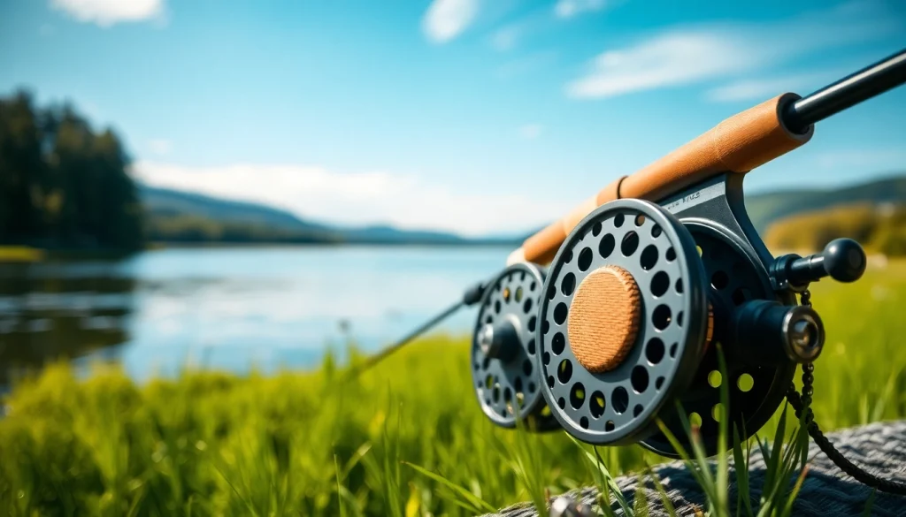 Showcasing a detailed Fly fishing kit set against a scenic lakeside backdrop, perfect for fishing enthusiasts.