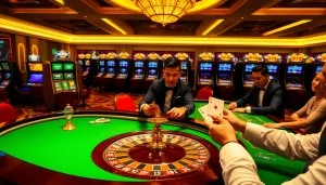 The excitement of betting at a casino table, inspired by https://thabet77.org/ showcasing a luxurious roulette wheel and engaging players.