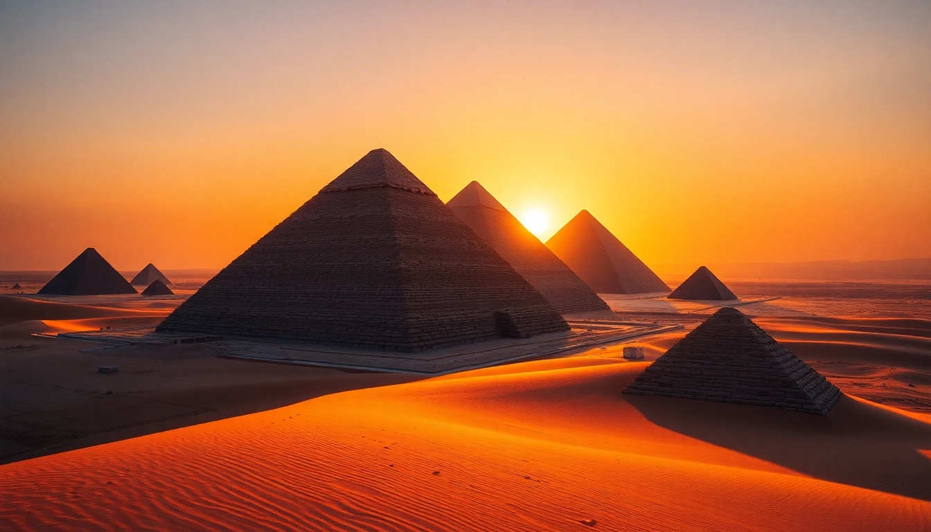 Capture a stunning view of ancient Egyptian pyramids at https://piraminds.com/ during a dramatic sunset.