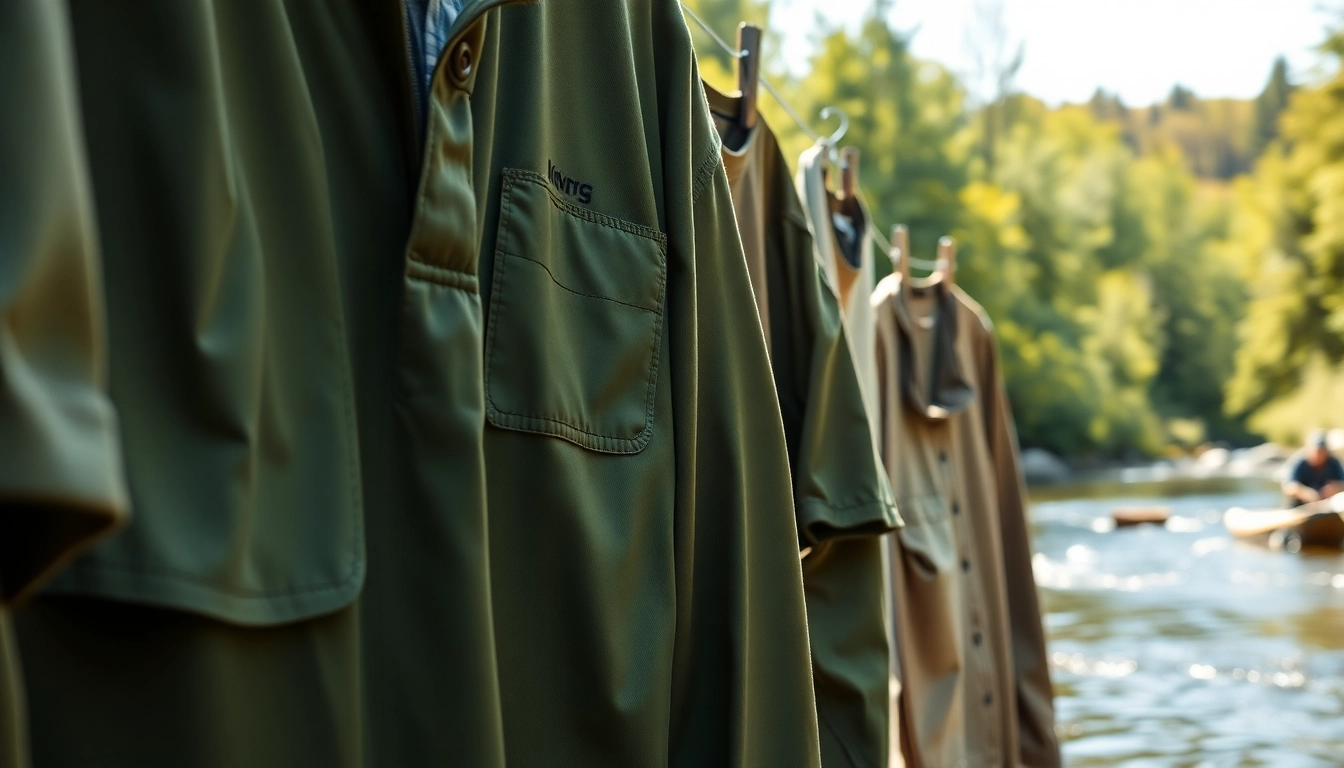 Showcasing fly fishing apparel in an outdoor setting with a vibrant natural backdrop.