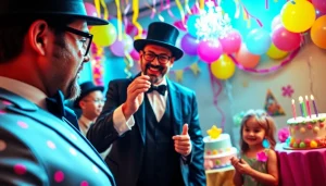 Engaging birthday party entertainers delighting children with magic and fun at a vibrant party.