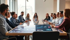 Team analyzing competitive intelligence for sales strategies in a modern office setting.