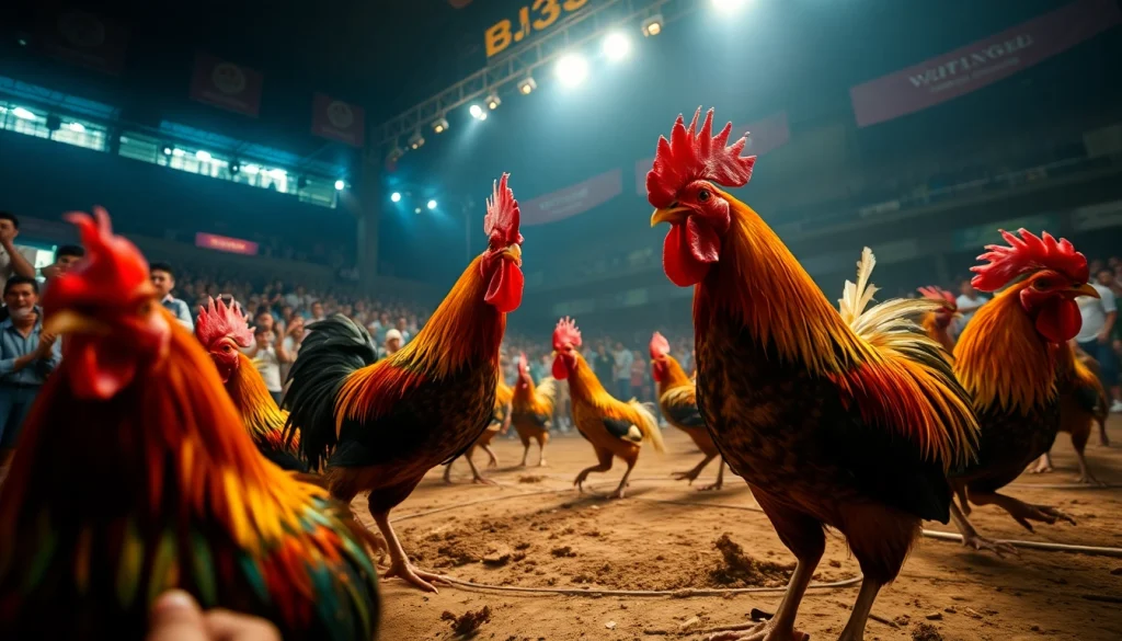 Exciting BJ38 cockfighting scene with vibrant roosters and cheering crowd.