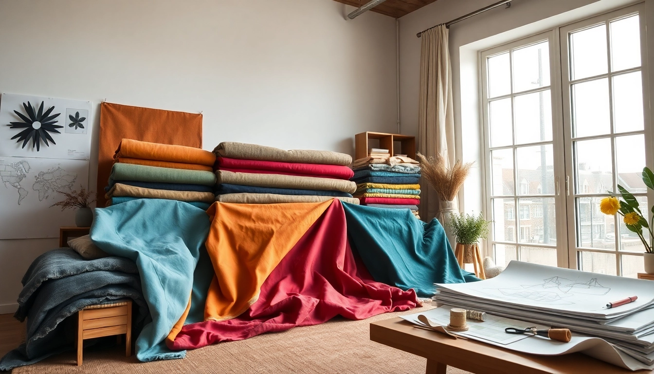 Toon moderne canvas stoffen in verschillende kleuren, texturen en patronen.