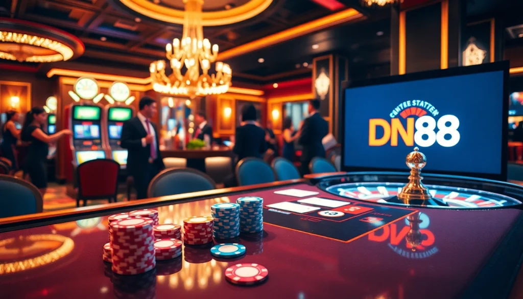 Engaging casino atmosphere with DN88 elements, featuring tables, cards, and slot machines.