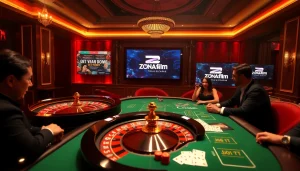 Experience high-stakes excitement at a zonafilm-themed casino with vibrant poker chips and engaging gameplay.