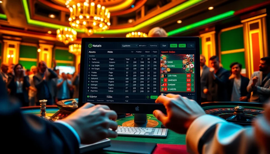 Experience the excitement of sports betting with a vibrant scene showcasing https://socolive2.cv/ and casino elements like poker chips.