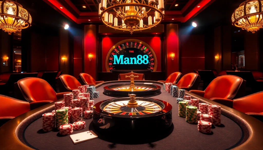 Experience the thrill of winning at Man88 with luxurious casino tables, cards, and poker chips.