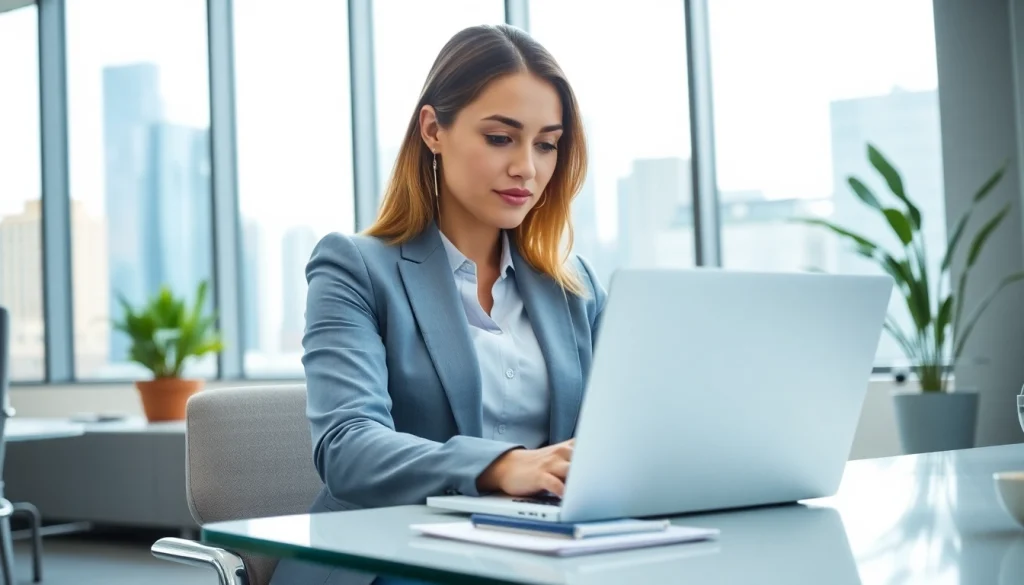 Woman engaging with the uk eta online application on her laptop in a bright office setting.