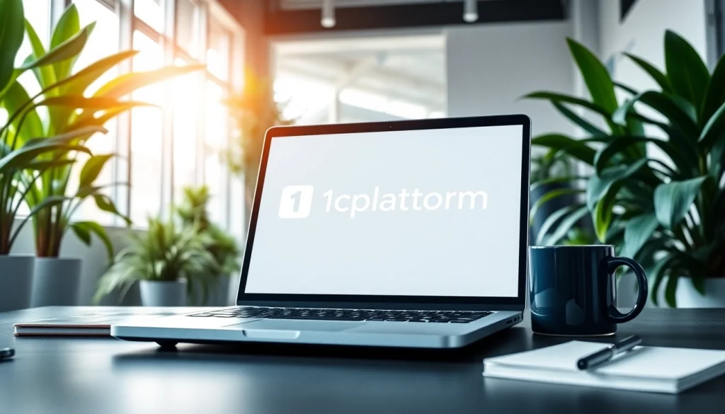 Showcasing the 1cplatform digital interface on a laptop in a vibrant office setting.