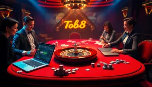 Tense moment at a casino table showcasing the dynamic gameplay on trang chủ tobet88 with vibrant chips and cards.