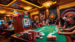 Experience excitement at MM88's vibrant casino scene, featuring colorful tables and slot machines.