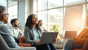 Clients engaging with a professional business coach near me in a bright office setting.