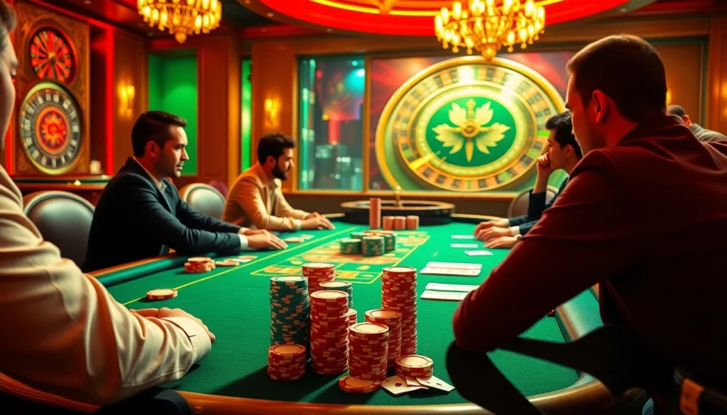 Players engaging in a high-stakes poker game at https://mm88.co.in/, featuring vibrant chips and cards.