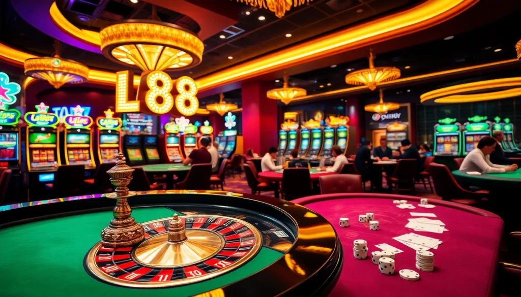 Players enjoying a thrilling game at LV88 casino, showcasing vibrant slots and poker action.