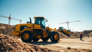 Rent wheel loaders actively working at a construction site, showcasing heavy machinery.