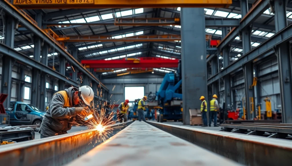 Workers engaged in structural steel fabrication, highlighting precision welding in an industrial workshop.