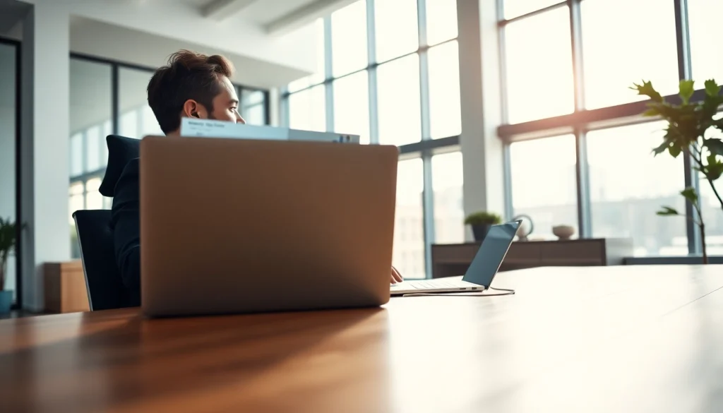 Marketing Consultant engaged in a video call at a modern office, showcasing analytics.
