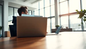 Marketing Consultant engaged in a video call at a modern office, showcasing analytics.