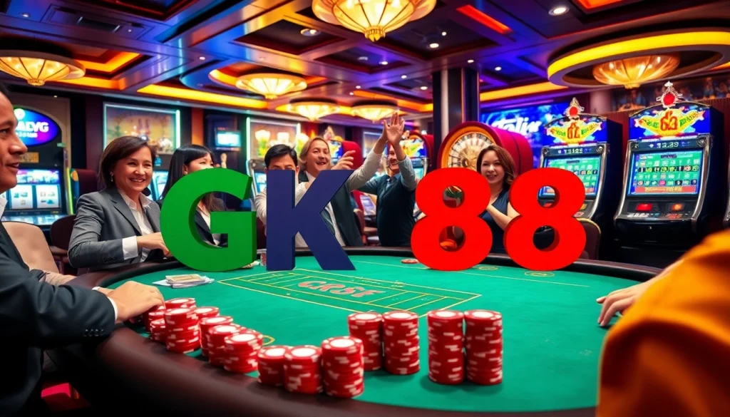 GK88 players strategizing at a high-stakes poker table in a luxurious casino environment.