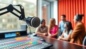 Engaged hosts broadcasting live at WRNJ Radio in a vibrant studio.