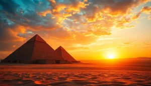 Visit the majestic piraminds of Egypt, towering against a sunset backdrop, emphasizing their ancient allure.